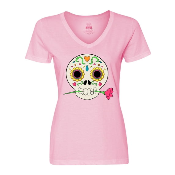 Inktastic Día de los Muertos Skull with Flower Women's V-Neck T-Shirt