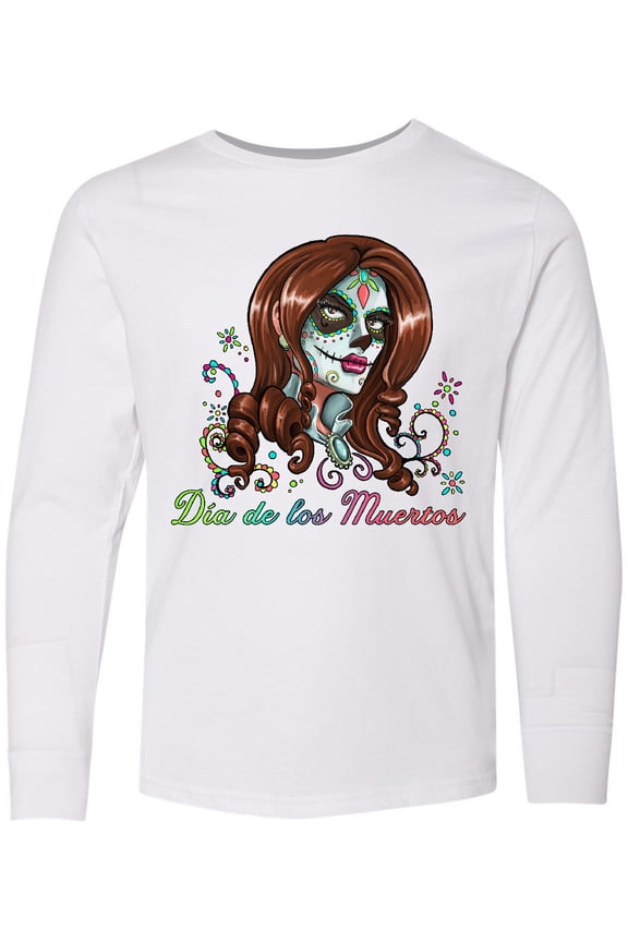 Día de los Muertos Woman in Sugar Skull Makeup Long Sleeve Youth T-Shirt