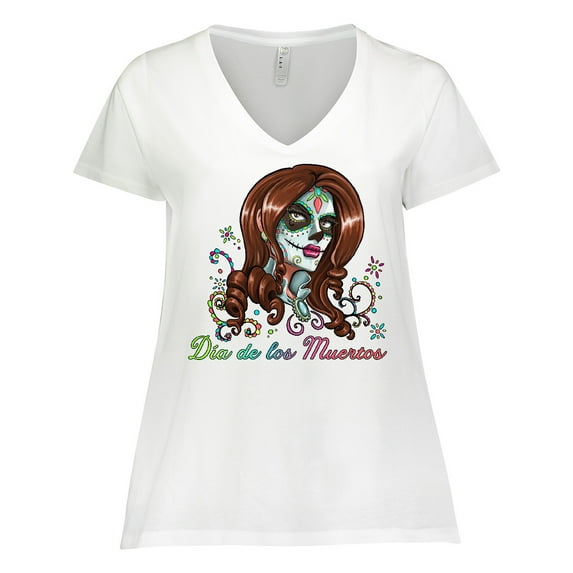 Inktastic Día de los Muertos Woman in Sugar Skull Makeup Women's Plus Size V-Neck T-Shirt