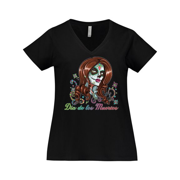 Inktastic DÃa de los Muertos Woman in Sugar Skull Makeup Women's Plus Size V-Neck T-Shirt