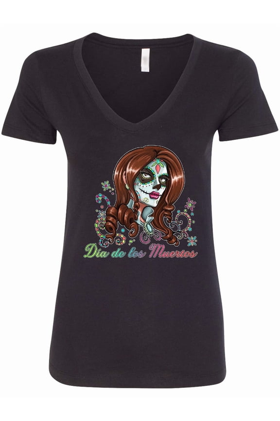 DÃ­a De Los Muertos in Sugar Skull Makeup Women's V-Neck T-Shirt