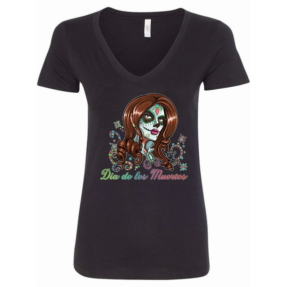 Inktastic DÃa De Los Muertos in Sugar Skull Makeup Women's V-Neck T-Shirt