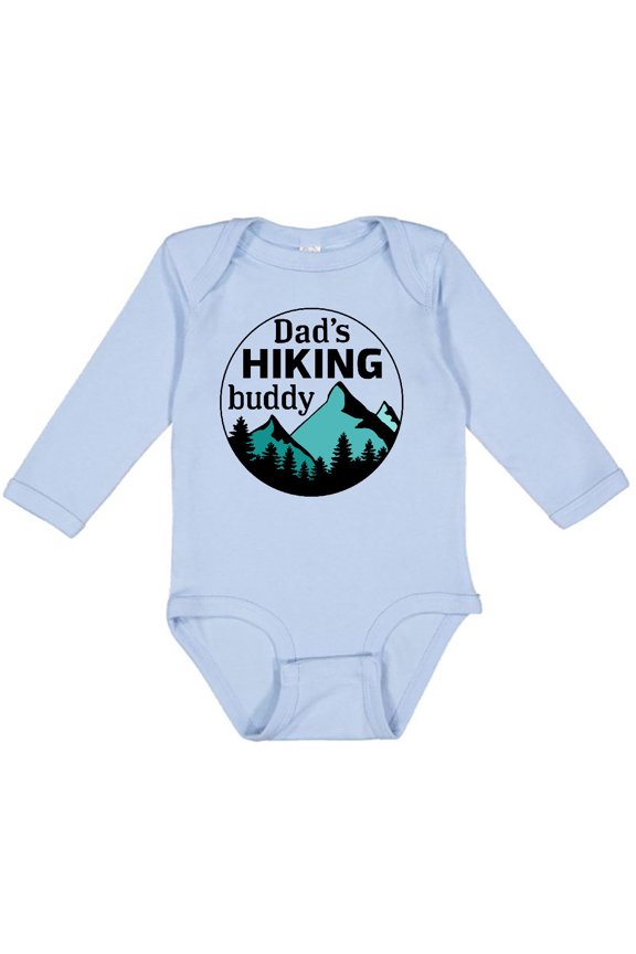 Dad's Hiking Buddy with Mountains and Trees Boys or Girls Long Sleeve Baby Bodysuit