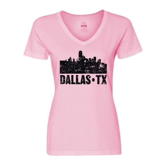Inktastic Dallas Texas City Skyline with Grunge Women's V-Neck T-Shirt