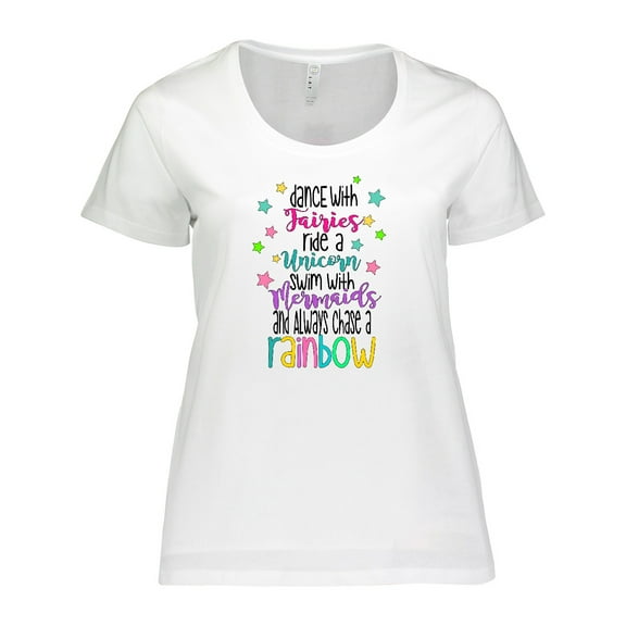 Inktastic Dance with Fairies, Ride a Unicorn, Swim with Mermaids Women's Plus Size T-Shirt