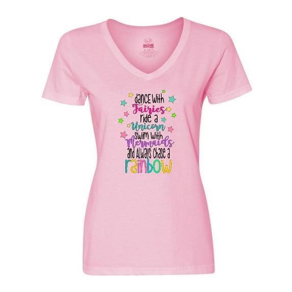 Inktastic Dance with Fairies, Ride a Unicorn, Swim with Mermaids Women's V-Neck T-Shirt