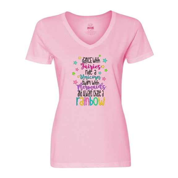 Inktastic Dance with Fairies, Ride a Unicorn, Swim with Mermaids Women's V-Neck T-Shirt