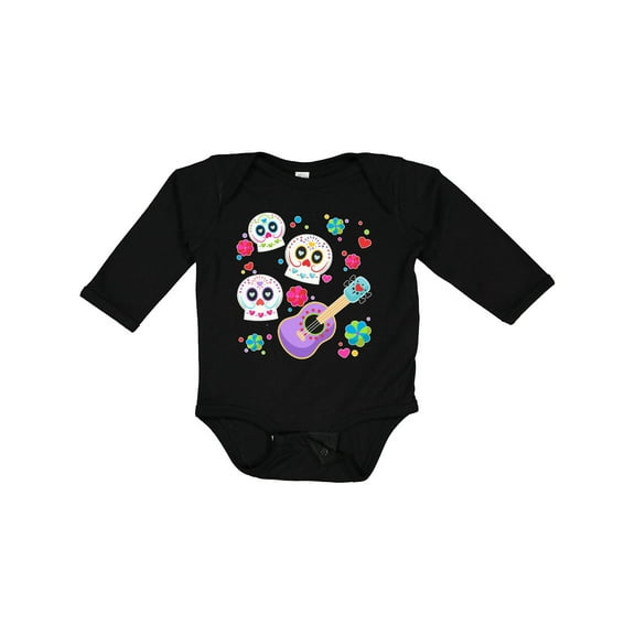 Inktastic Day of the Dead Owl Sugar Skulls and Guitar Boys or Girls Long Sleeve Baby Bodysuit