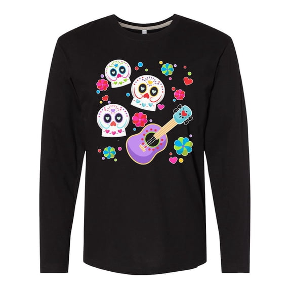 Inktastic Day of the Dead Owl Sugar Skulls and Guitar Long Sleeve T-Shirt