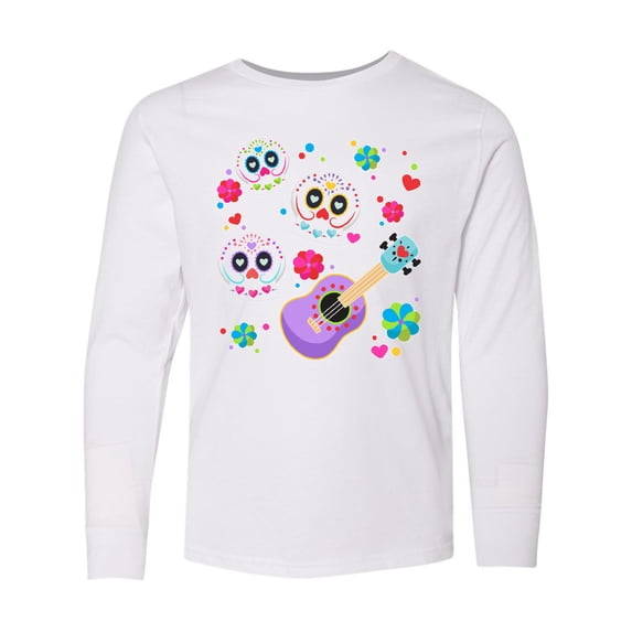 Inktastic Day of the Dead Owl Sugar Skulls and Guitar Long Sleeve Youth T-Shirt