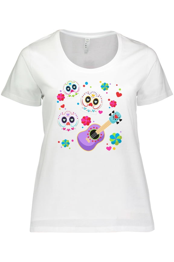 Day of the Dead Owl Sugar Skulls and Guitar Women's Plus Size T-Shirt