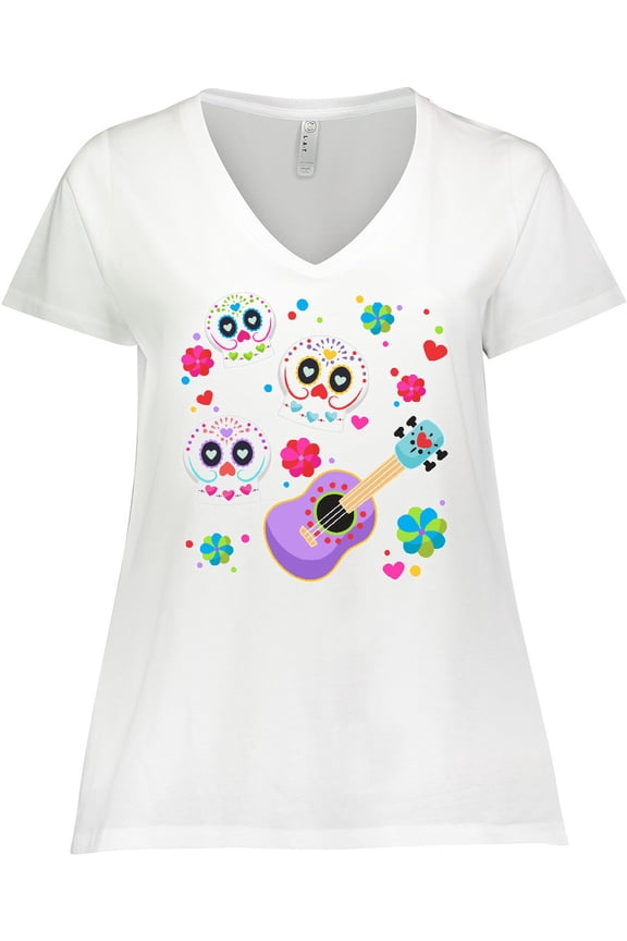 Day of the Dead Owl Sugar Skulls and Guitar Women's Plus Size V-Neck T-Shirt