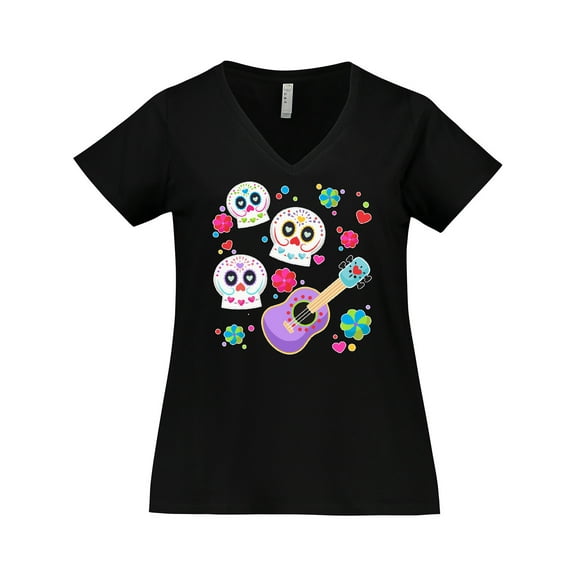 Inktastic Day of the Dead Owl Sugar Skulls and Guitar Women's Plus Size V-Neck T-Shirt