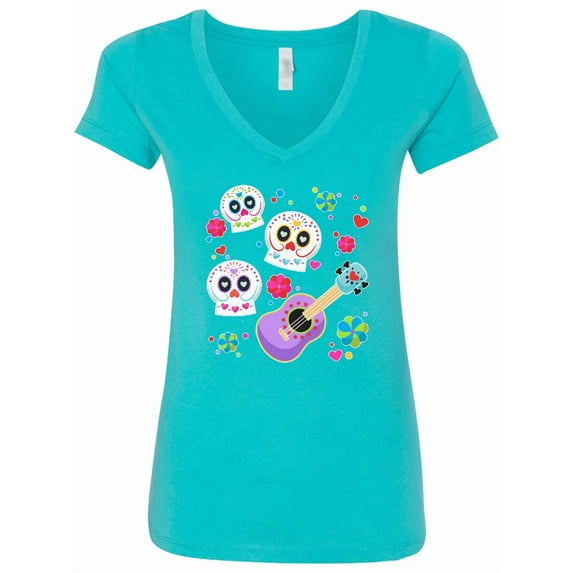 Inktastic Day of the Dead Owl Sugar Skulls and Guitar Women's V-Neck T-Shirt