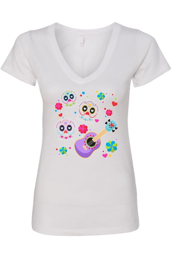 Day of the Dead Owl Sugar Skulls and Guitar Women's V-Neck T-Shirt