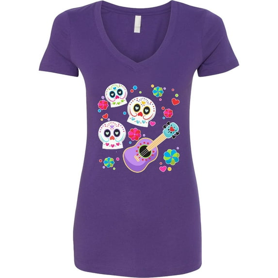 Inktastic Day of the Dead Owl Sugar Skulls and Guitar Women's V-Neck T-Shirt