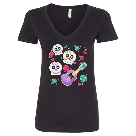 Inktastic Day of the Dead Owl Sugar Skulls and Guitar Women's V-Neck T-Shirt