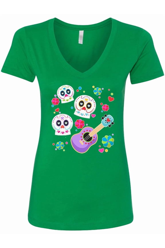 Day of the Dead Owl Sugar Skulls and Guitar Women's V-Neck T-Shirt