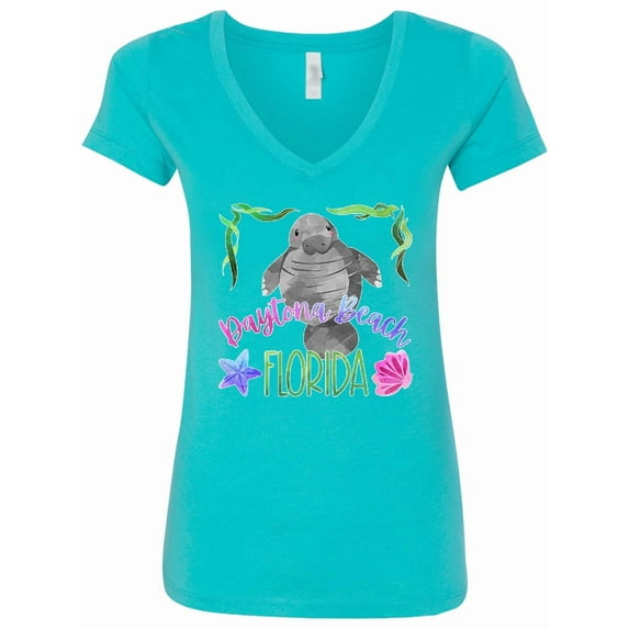 Inktastic Daytona Beach Florida Cute Swimming Manatee Women's V-Neck T-Shirt