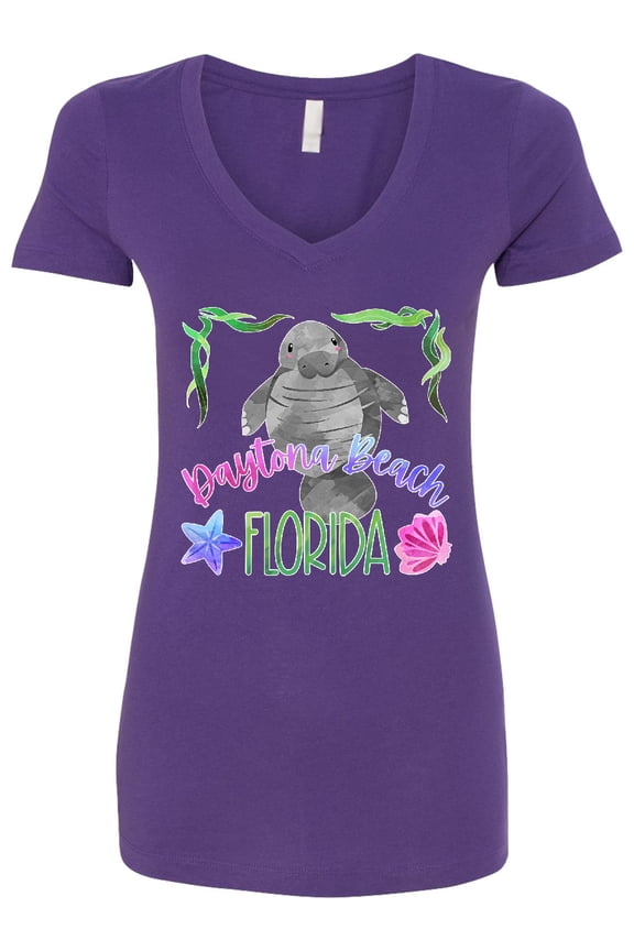 Daytona Beach Florida Cute Swimming Manatee Women's V-Neck T-Shirt