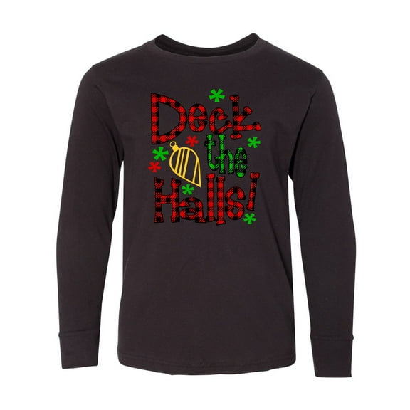 Inktastic Deck the Halls in Green and Red Plaid with Christmas Bulb Long Sleeve Youth T-Shirt