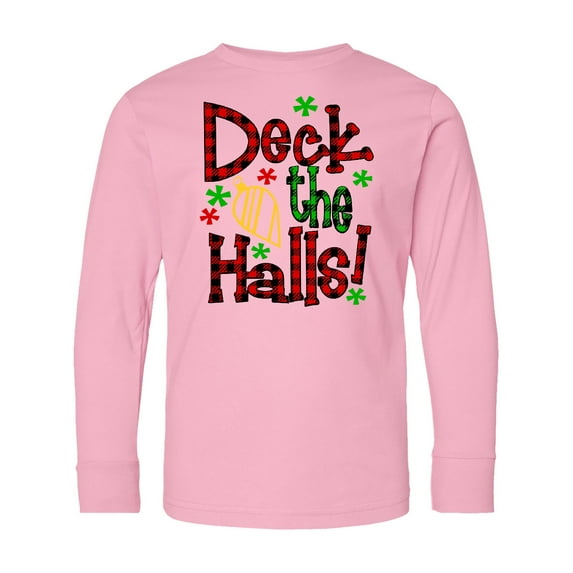 Inktastic Deck the Halls in Green and Red Plaid with Christmas Bulb Long Sleeve Youth T-Shirt