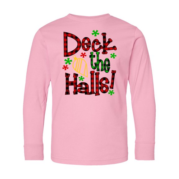 Inktastic Deck the Halls in Green and Red Plaid with Christmas Bulb Long Sleeve Youth T-Shirt