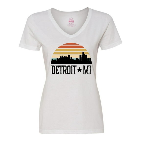 Inktastic Detroit Michigan Skyline Retro Women's V-Neck T-Shirt