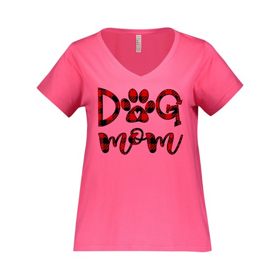 Inktastic Dog Mom with Paw Print in Plaid Women's Plus Size V-Neck T-Shirt