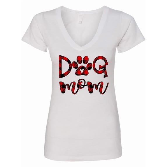 Inktastic Dog Mom with Paw Print in Plaid Women's V-Neck T-Shirt