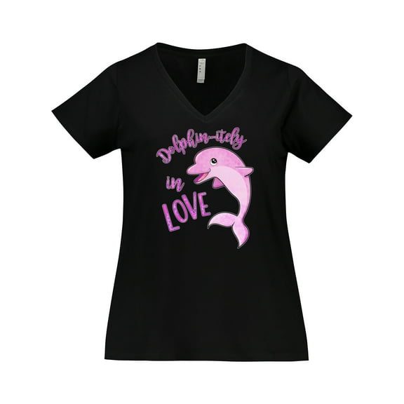 Inktastic Dolphin-itely in Love- Cute Pink Dolphin Women's Plus Size V-Neck T-Shirt