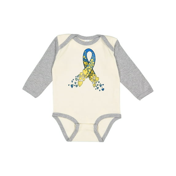 Inktastic Down Syndrome Awareness Blue and Yellow Hearts Ribbon Boys or Girls Long Sleeve Baby Bodysuit