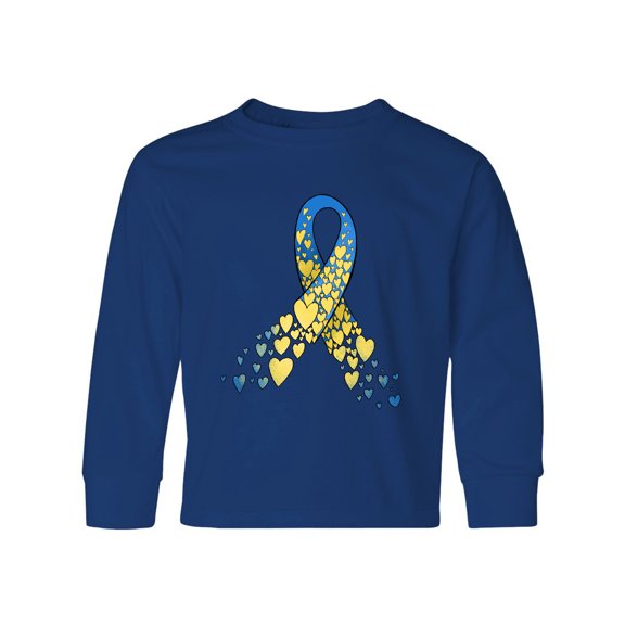 Inktastic Down Syndrome Awareness Blue and Yellow Hearts Ribbon Long Sleeve Youth T-Shirt