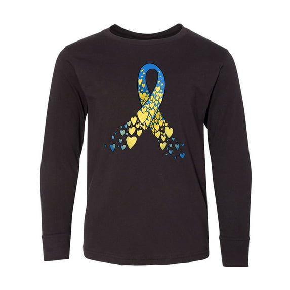 Inktastic Down Syndrome Awareness Blue and Yellow Hearts Ribbon Long Sleeve Youth T-Shirt