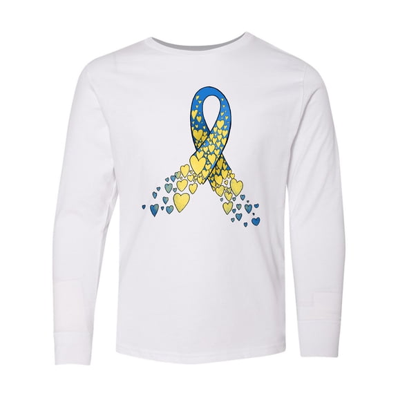 Inktastic Down Syndrome Awareness Blue and Yellow Hearts Ribbon Long Sleeve Youth T-Shirt