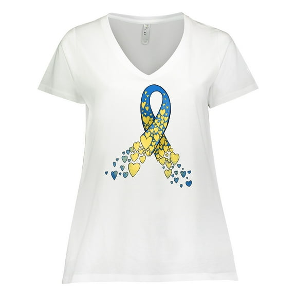 Inktastic Down Syndrome Awareness Blue and Yellow Hearts Ribbon Women's Plus Size V-Neck T-Shirt