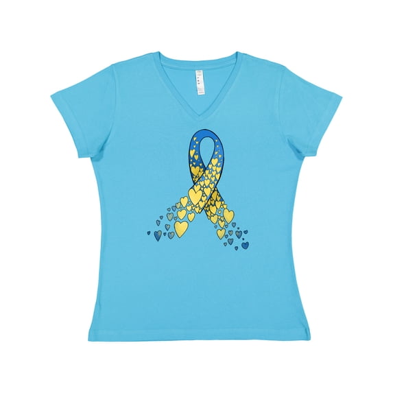 Inktastic Down Syndrome Awareness Blue and Yellow Hearts Ribbon Women's V-Neck T-Shirt