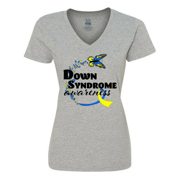 Inktastic Down Syndrome Awareness with Butterfly and Ribbon Women's V-Neck T-Shirt