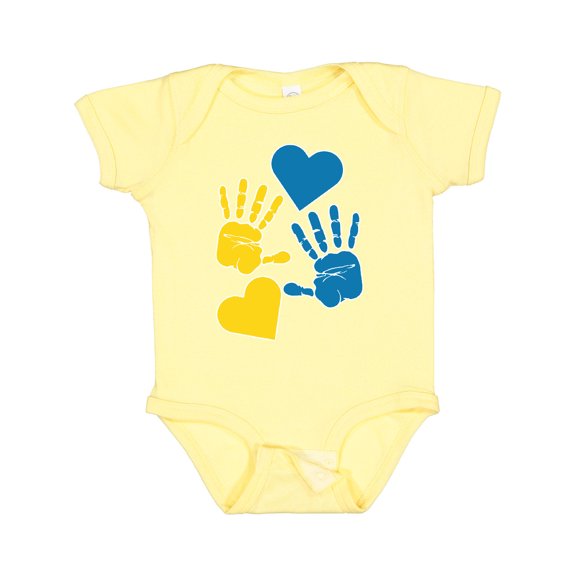 Inktastic Down Syndrome Awareness with Handprints and Hearts Blue and Yellow Boys or Girls Baby Bodysuit