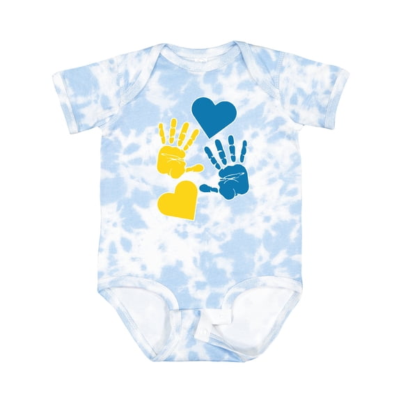 Inktastic Down Syndrome Awareness with Handprints and Hearts Blue and Yellow Boys or Girls Baby Bodysuit