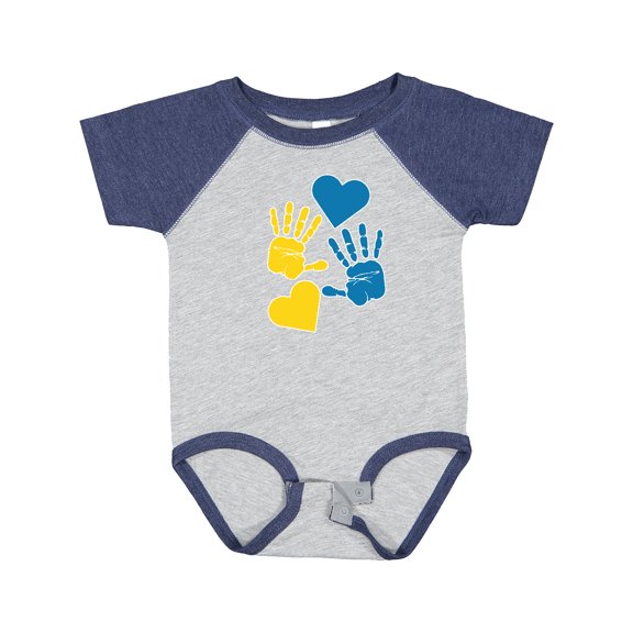 Inktastic Down Syndrome Awareness with Handprints and Hearts Blue and Yellow Boys or Girls Baby Bodysuit