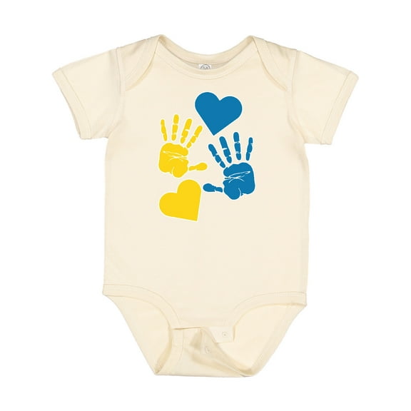 Inktastic Down Syndrome Awareness with Handprints and Hearts Blue and Yellow Boys or Girls Baby Bodysuit