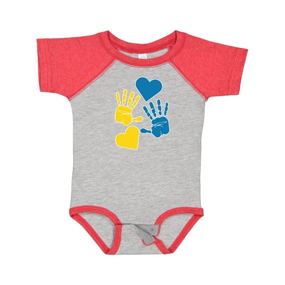 Inktastic Down Syndrome Awareness with Handprints and Hearts Blue and Yellow Boys or Girls Baby Bodysuit