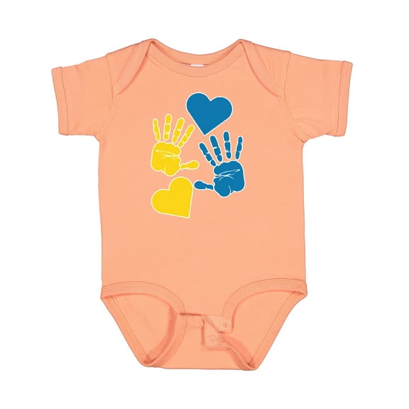 Inktastic Down Syndrome Awareness with Handprints and Hearts Blue and Yellow Boys or Girls Baby Bodysuit