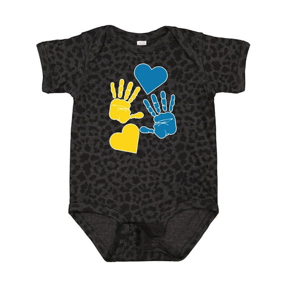 Inktastic Down Syndrome Awareness with Handprints and Hearts Blue and Yellow Boys or Girls Baby Bodysuit