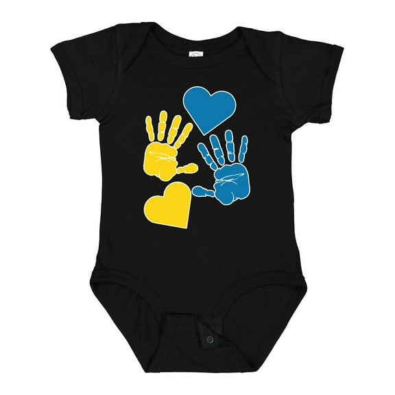 Inktastic Down Syndrome Awareness with Handprints and Hearts Blue and Yellow Boys or Girls Baby Bodysuit