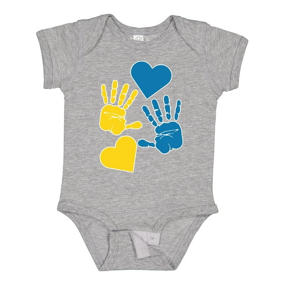 Inktastic Down Syndrome Awareness with Handprints and Hearts Blue and Yellow Boys or Girls Baby Bodysuit