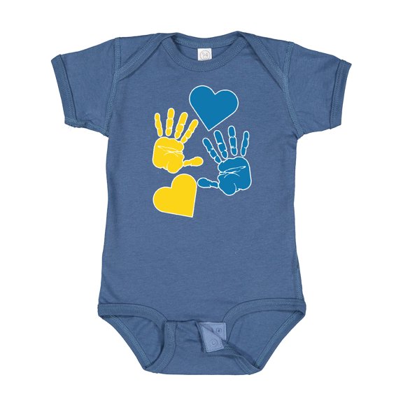 Inktastic Down Syndrome Awareness with Handprints and Hearts Blue and Yellow Boys or Girls Baby Bodysuit