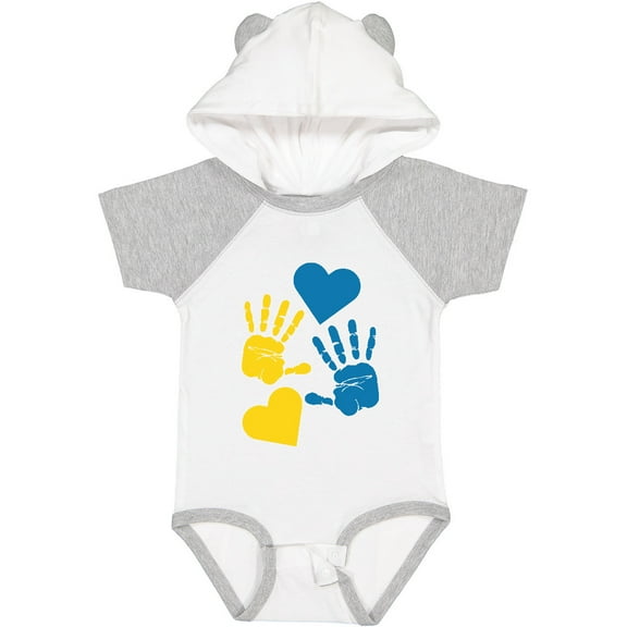 Inktastic Down Syndrome Awareness with Handprints and Hearts Blue and Yellow Boys or Girls Baby Bodysuit
