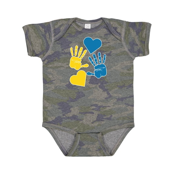 Inktastic Down Syndrome Awareness with Handprints and Hearts Blue and Yellow Boys or Girls Baby Bodysuit